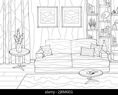 Wohnzimmer Grafik schwarz weiß Haus Interieur Skizze Illustration Vektor Stock Vektor
