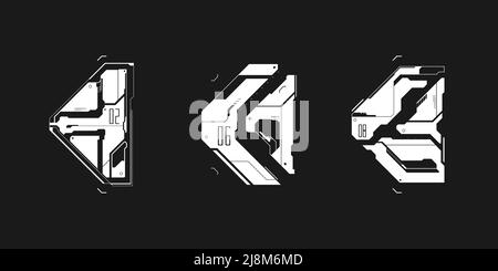 Cyberpunk futuristische Pfeile gesetzt. Set aus Cyber-futuristischen Designelementen. Cyber-Pfeile, Zeiger, Richtung. Hinweise im Stil der Digitaltechnik. Cyberpunk Stock Vektor