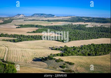 Farmland in Bardenas reales Nationalpark, von oben gesehen, Bardenas reales Nationalpark, Navarro, Spanien. Stockfoto