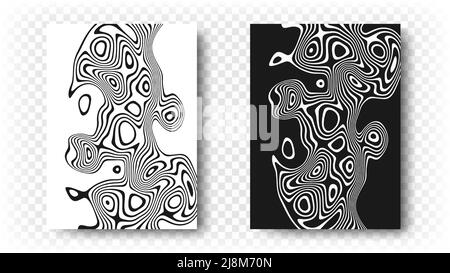 Postercover mit Wellen und Schwingungen optischer Illusionen. Geschwungene schwarze und weiße Hintergründe. Abstrakte geschwungene Linien, abstraktes Muster. Geometrisch Stock Vektor