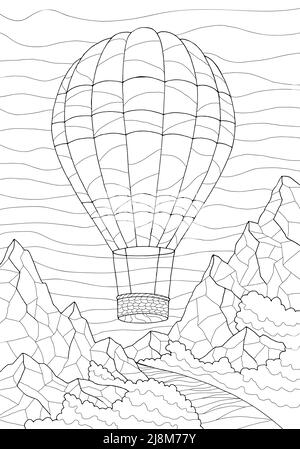 Luftballon Färbung Reise Berg Fluss Grafik schwarz weiß Landschaft Skizze Illustration Vektor Stock Vektor