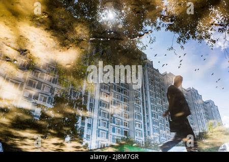 Verschwommene Silhouette der Spiegelung einer Person, die an regnerischen Tagen allein auf dem nassen Bürgersteig der Stadt läuft. Vögel fliegen über den Himmel. Abstrakte Fotografie. Stockfoto