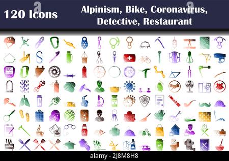 120 Ikonen Des Alpinismus, Fahrrad, Coronavirus, Detektiv, Restaurant. Flache Farbige Leiter. Vektorgrafik. Stock Vektor