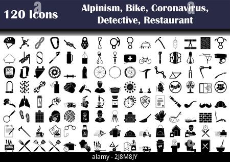 Satz von 120 Symbolen. Alpinismus, Fahrrad, Sport, Coronavirus, COVID-19, Themen: Detektiv, Polizei, Restaurant. Vollständig editierbare Vektorgrafik. Texterweiterung Stock Vektor