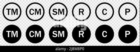 Symbole für Urheberrechte und eingetragene Marken. Vektordarstellung auf transparentem Hintergrund isoliert Stock Vektor