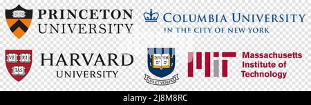 Vinnytsia, Ukraine - 16. Mai 2022: Berühmte amerikanische Universitäten Logos. Princeton University, Columbia University, Harvard University, Massachusetts In Stock Vektor