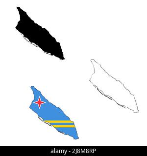 Aruba-Flaggenkarte auf weißem Hintergrund. Übersichtskarte von Aruba. Aruba Vektor-Karte Silhouette. Flacher Stil. Stockfoto
