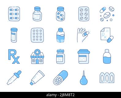 Apotheke Doodle Illustration mit Symbolen - Pillen Flasche, Kapseln, Pipette, Tabletten Blister, Vitamin, Verhütungsmittel und Nahrungsergänzungsmittel. Dünne Linie Stock Vektor