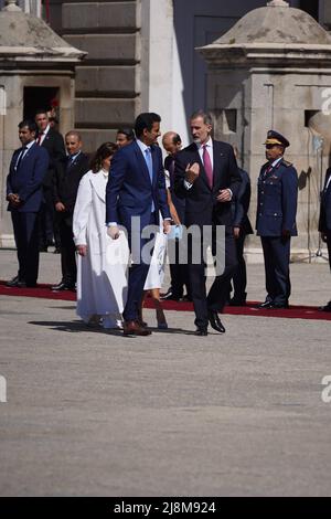Madrid, Spanien. 17.. Mai 2022. König Finne VI und Letizia Ortiz erhalten ihre Hoheiten Sheikh Tamim bin Hamad Al Thani, Emir des Staates Katar, und Sheikha Jawaher Bint Hamad bin Suhaim Al Thani, in Madrid, Dienstag, 17. Mai 2022 Quelle: CORDON PRESS/Alamy Live News Stockfoto