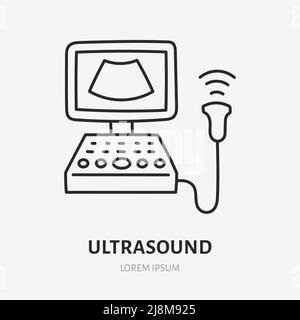 Symbol für die Ultraschallkritzellinie. Vektor dünne Umrissdarstellung von Echographie Maschine. Schwarzes farbiges lineares Zeichen für einen medizinischen Scanner in der Schwangerschaft Stock Vektor