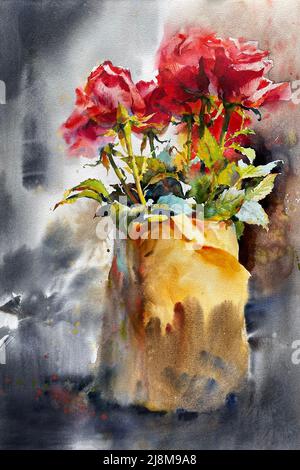 Strauß Rosen Aquarell in einem klassischen Stil gezeichnet. Perfekt für ein Poster, Leinwanddruck für Postkarten. Malerei in Aquarell. Stockfoto