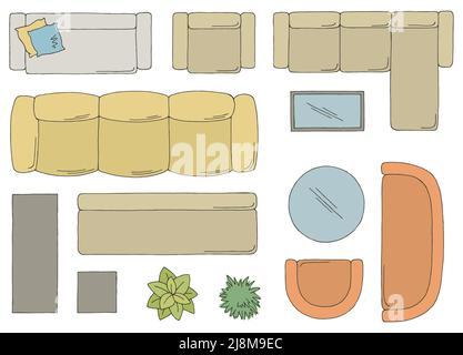 Möbel Set Grundriss Architekt Design Element grafische Farbe oben Skizzieren Sie den isolierten Illustrationsvektor für die Luftansicht Stock Vektor