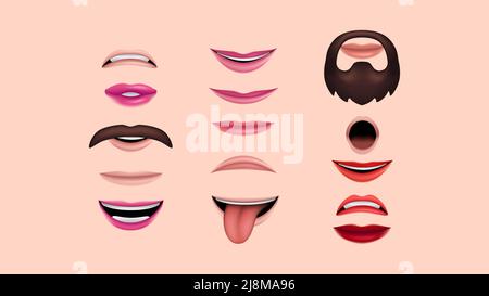 Set mit 3D Mündern. Verschiedene Lippen und Bartformen. Vektorgrafik Stock Vektor