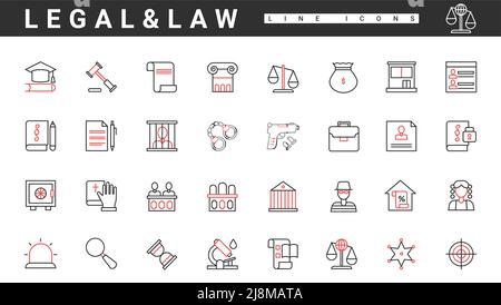 Recht, Urteil und Gerechtigkeit, juristische Gerichtsdokumente, dünne rote und schwarze Linien Symbole setzen Vektor-Illustration. Abstrakter Richter, Anwalt und Kriminelle im Gefängnis, Beweise für Verbrechen, Handschellen und Sheriff-Symbol Stock Vektor