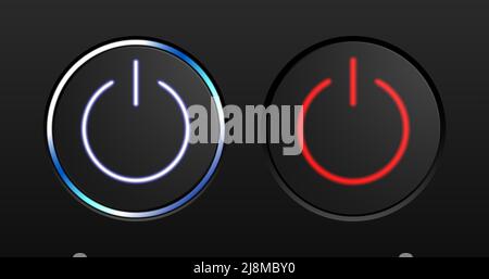 Netzschalter realistischer Vektor eingestellt. Blaue und rote Neonlicht runde Form Start-Taste Symbole auf einem schwarzen Hintergrund. Stock Vektor