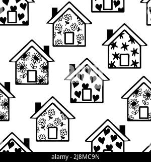 Nahtloses Vektormuster mit strukturierten Häusern auf weißem Hintergrund. Künstlerisches Heim Tapete Design. Wiederholen Stadt Mode Textil. Stock Vektor