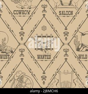 Nahtloses Vektormuster mit Wild-West-Symbolen auf weißem Hintergrund. Vintage Western Texas Tapetendesign. Dekorative Poster Mode Textil. Stock Vektor