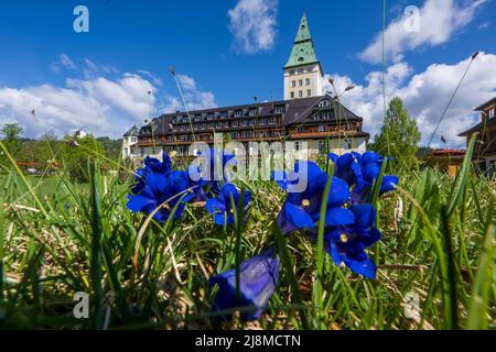 Garmisch Partenkirchen, Deutschland. 17.. Mai 2022. Das Hotel Schloss Elmau. Vom 26. Bis 28. Juni 2022 findet in der Anlage zum zweiten Mal der Summit 2022 G7 statt. Kredit: Peter Kneffel/dpa/Alamy Live Nachrichten Stockfoto