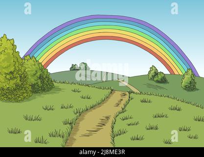 Rainbow Hills Grafik Farbe Straße Landschaft Skizze Illustration Vektor Stock Vektor