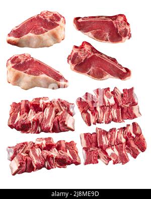 Collage aus isolierten rohen Fleischstücken aus Rindfleisch Stockfoto