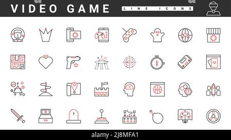 Videospiel, Freizeit und Unterhaltung dünne rote und schwarze Linien Symbole setzen Vektor-Illustration. Abstrakte Puzzle, RPG, Shooter-Genres für digitale PC-Videospiele, tragbare Gadgets und Controller Sammlung Stock Vektor