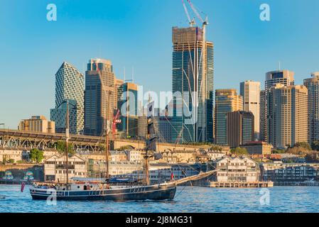 Der Südschwan wurde 1922 in Dänemark als Top Sail Schooner erbaut, ist aber heute als Dreimast-Barkentine mit Sitz in Sydney, Australien, manipuliert Stockfoto