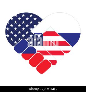 Handshake-Symbol in den Farben der Nationalflaggen von Russland und den USA, die ein Herz bilden. Das Konzept von Frieden, Freundschaft. Flache Vektorgrafik. Stock Vektor