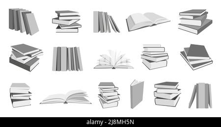 Buchstapel isometrisches Schwarzweiß-Set für den Bildungsbereich. Stapel verschiedene Zeitschrift Notizbuch dicke Enzyklopädie Welt Buchtag. Schule Sticker Planer Tagebuch Design Collage gemütlich Registerkarte. Concept Read-Studie isoliert Stock Vektor