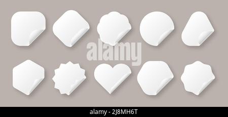 Aufkleber Preisschild Realismus versiegelt weiß flach set. Etikett klebrig Werbeartikel Paket Sonderpreis. Löschen Lotterie Glück gewinnen kleine Form leer Vorlage Verkauf promo Angebot rund welliges Herz Quadrat Stock Vektor