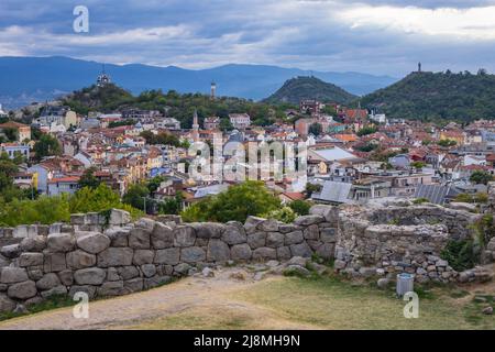 Ruinen auf dem Berg Nebet Tepe in Plovdiv, der Hauptstadt der Provinz Plovdiv im südlichen Zentrum Bulgariens Stockfoto