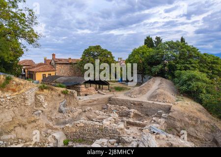 Alte Ruinen auf dem Berg Nebet Tepe in Plovdiv, der Hauptstadt der Provinz Plovdiv im südlichen Zentrum Bulgariens Stockfoto