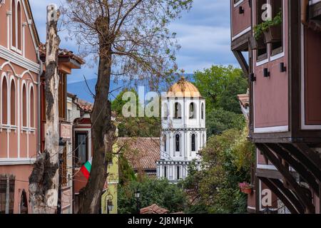 Turm der Heiligen Konstantin und St. Helena Orthodoxe Kirche in der Altstadt von Plovdiv - Architekturreservat in Plovdiv Stadt, Bulgarien Stockfoto