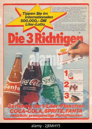 Vintage Retro-Papier-Werbung von Fanta Sprite und Coca Cola Drink die drei richtigen deutschen Papierwerbung Stockfoto