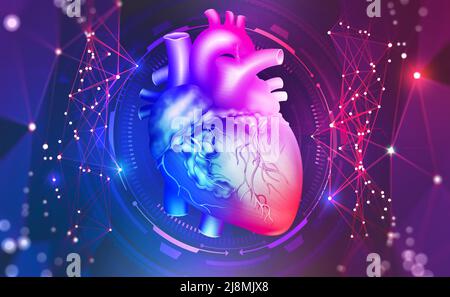 Menschliches Herz. Digitale Technologien in der Medizin und der wissenschaftlichen Körperforschung. 3D Modellierung in der Transplantologie der inneren Organe. 3D Abbildung Stockfoto