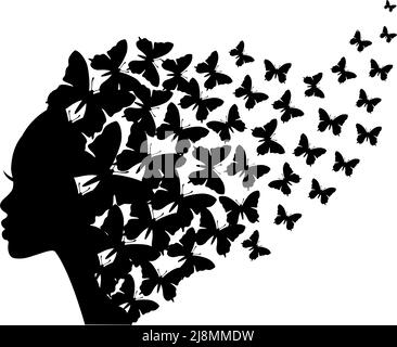 Schöne schwarze Frau Silhouette mit fliegenden Schmetterlingen, Vektor-Illustration auf weißem Hintergrund Stock Vektor