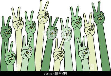 Menschliche Hände mit Friedenszeichen, Siegeszeichen, Banner für den Erdtag, Vektorgrafik, Handzeichnung Stock Vektor