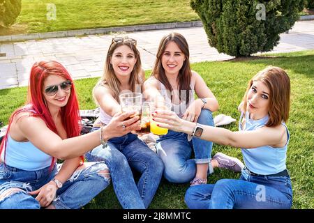 Vier Freunde sitzen auf dem Gras, trinken und toasten, während sie an einem sonnigen Tag die Kamera betrachten. Hochwertige Fotos Stockfoto