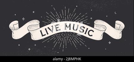 Live-Musik. Vintage-Band mit Text Live-Musik. Schwarz-weißes Vintage-Banner mit Band, Grafikdesign, Live-Musik. Old School handgezeichnetes Schild Banner Cafe, Bar, Restaurant. Vektorgrafik Stock Vektor