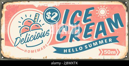Eiscreme Retro Schild Vorlage auf rosa Hintergrund. Werbung für Vintage-Eiscreme. Vektorgrafik Lebensmittel. Stock Vektor