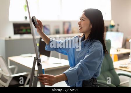 Lächelnde asiatische Frau wischen leere Whiteboard Stockfoto