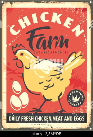 Chicken Farm Retro-Schild-Vorlage mit gelbem Huhn und Eiern auf altem roten Hintergrund. Vintage Vektor Billboard Layout. Stock Vektor