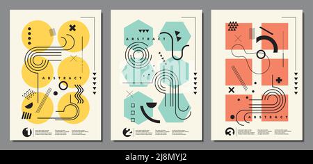 Abstrakte Dokumentvorlagen aus geometrischen Formen. Broschürenumschläge, künstlerische Designelemente, Memphis-Stil Abstraktionen Set. Vektorgrafik Stock Vektor