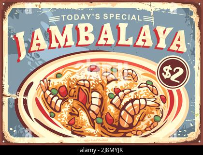 Jambalaya Retro-Werbung auf alter Metallstruktur. Traditionelles Louisiana-Gericht mit Garnelen, Reis, Wurst und Gewürzen. Vektor-Zeichen für Vintage-Restaurants Stock Vektor
