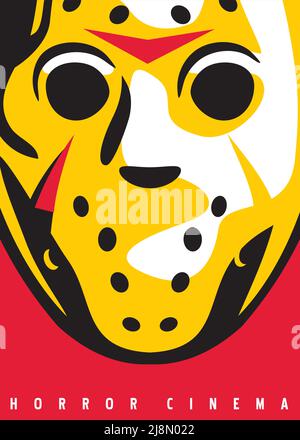 Stilisierte Horror Maske Grafik. Horrorfilme Kino Festival Poster mit Hockey Torwart Maske Illustration. Künstlerisches Vektorposter. Stock Vektor