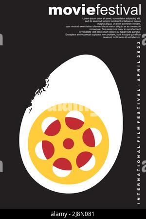 Minimalistisches Poster-Design für Filmfestival. Filmfestival Flyer-Vorlage mit Ei-Form und Filmpelsymbol. Stilisiertes künstlerisches Vektor-Poster-Layout. Stock Vektor