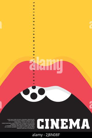 Pop Art Stil konzeptuelles künstlerisches Poster Design für Kinofilmfestival. Film Kino Event kreative Idee mit Film-Reel und offenen Mund. Stock Vektor