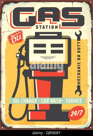 Tankstelle Vintage Metall Zeichen Design mit grunge beschädigte Textur. Grafik für Kraftstoff- und Benzinvektoren. Stock Vektor
