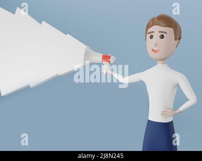 Mann mit 3D Zeichen und Megaphon. Junger Mann, der auf blauem Hintergrund steht und eine Ankündigung macht. 3D Abbildung. Stockfoto
