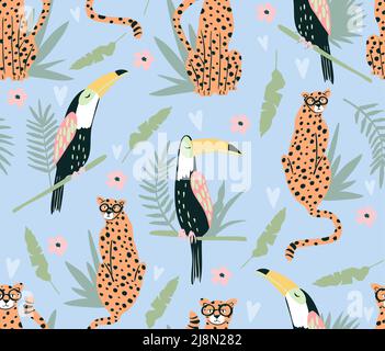 Niedliche tropische Tiere und Vögel nahtloses Muster. Hintergrund mit Tukanen und Gepard. Perfekt für die Herstellung von Stoffen, Textilien und Packpapier. Stock Vektor