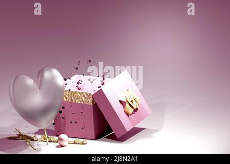 Presesnt Geschenkbox mit herzförmigem Ballon. Konzept: Valentinstag, Muttertag, Hochzeit, Jubiläum, Geburtstag. Grußkartendesign. Stockfoto